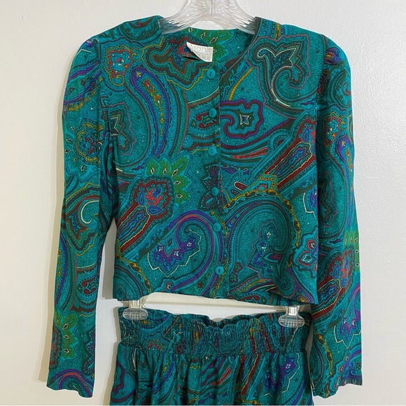 Vintage 80’s MODA INT’L Turquoise Paisley Skirt & Blouse Set, Size Woman’s 8 - Picture 2 of 4